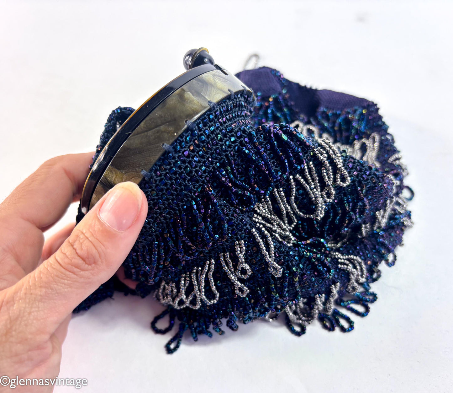 1900s Navy Beaded Pouch Evening Bag with Lucite Lid