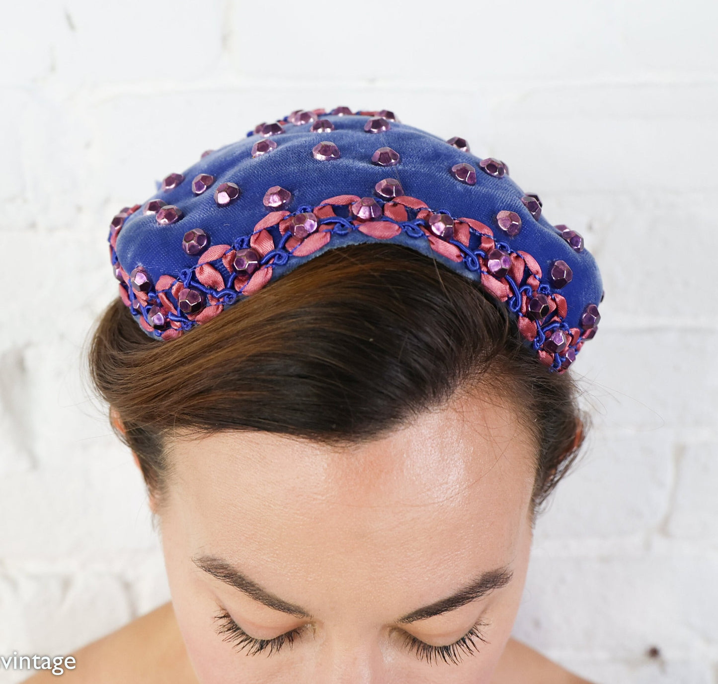 1950s Blue Velvet Beaded Fascinator Hat