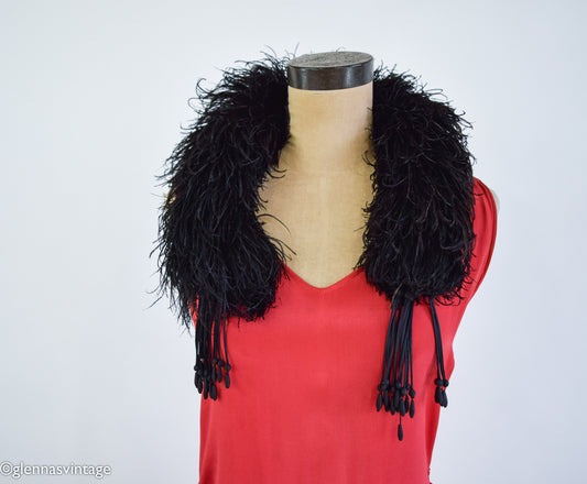 1900s Black Ostrich Feather Stole Boa with Beaded Tassels, Edwardian Era Scarf