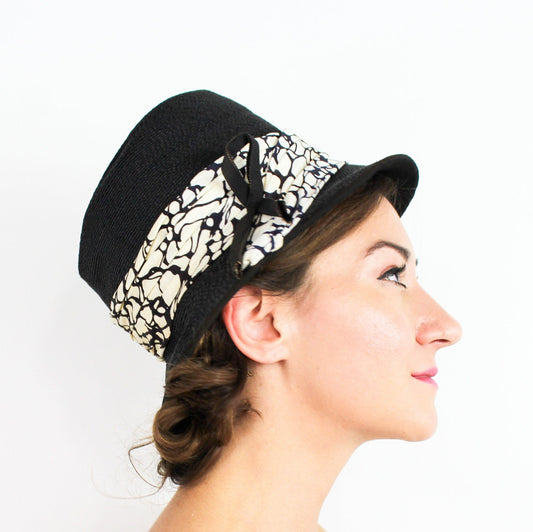 1960s Black Straw Bucket Hat, Model by Maxim