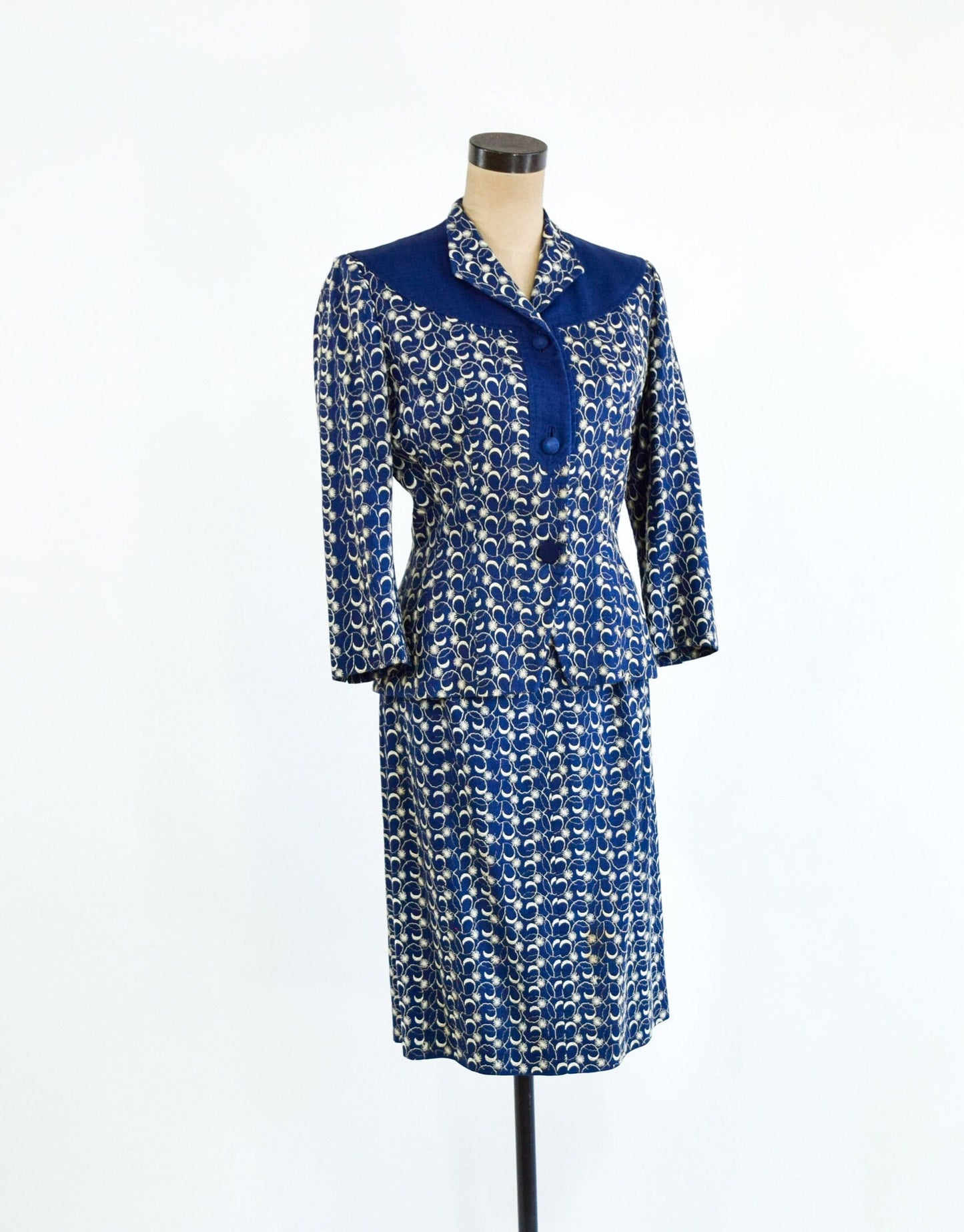 1940s Navy Blue Linen Skirt Suit Set, Medium