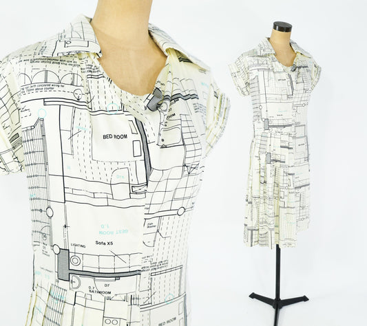 1990s Architect Print Dress | Cotton Sateen, Medium
