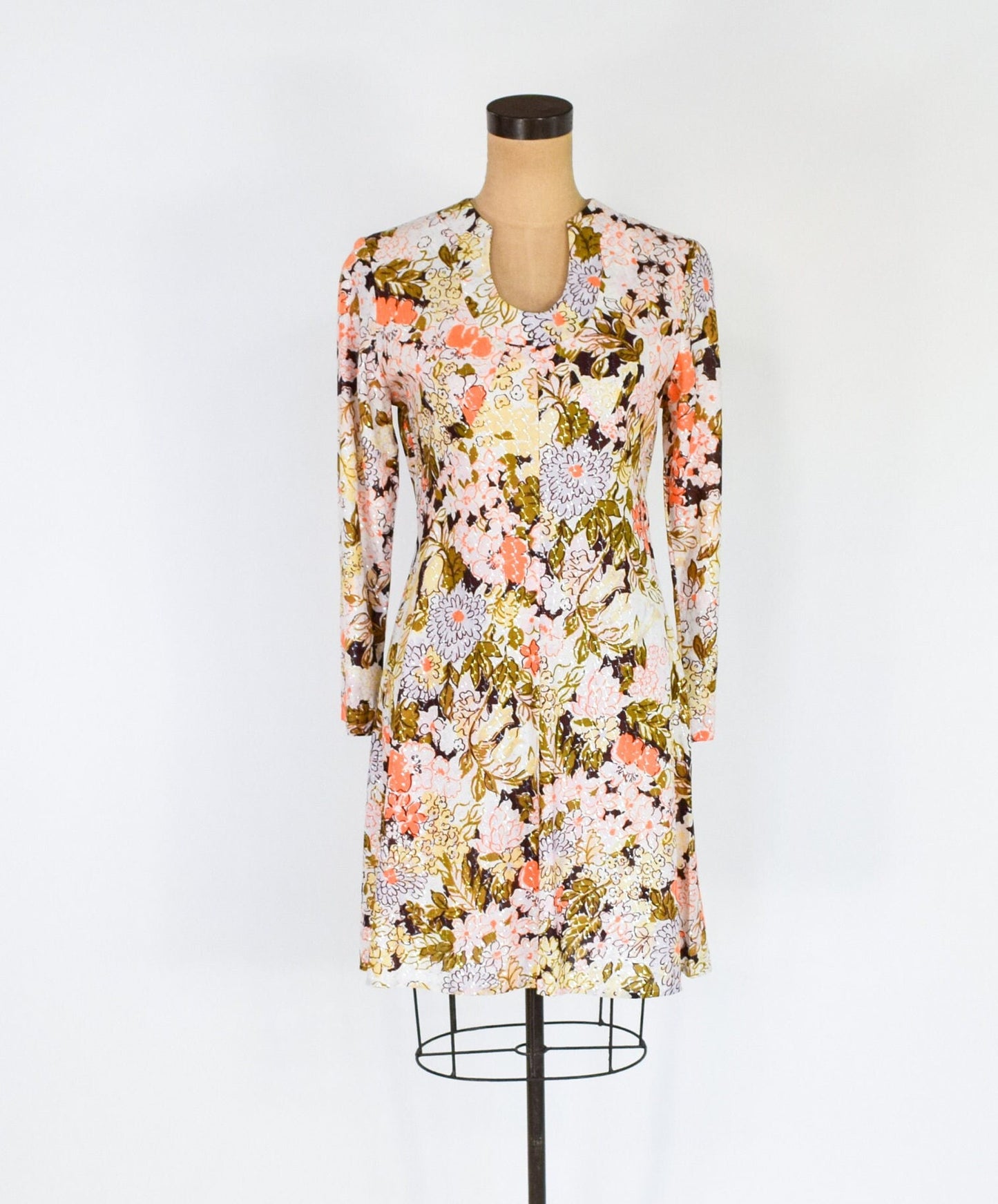 1960s Orange Floral Mini Dress | 60s Metallic Floral Mini Dress | Sandy Lane | Medium