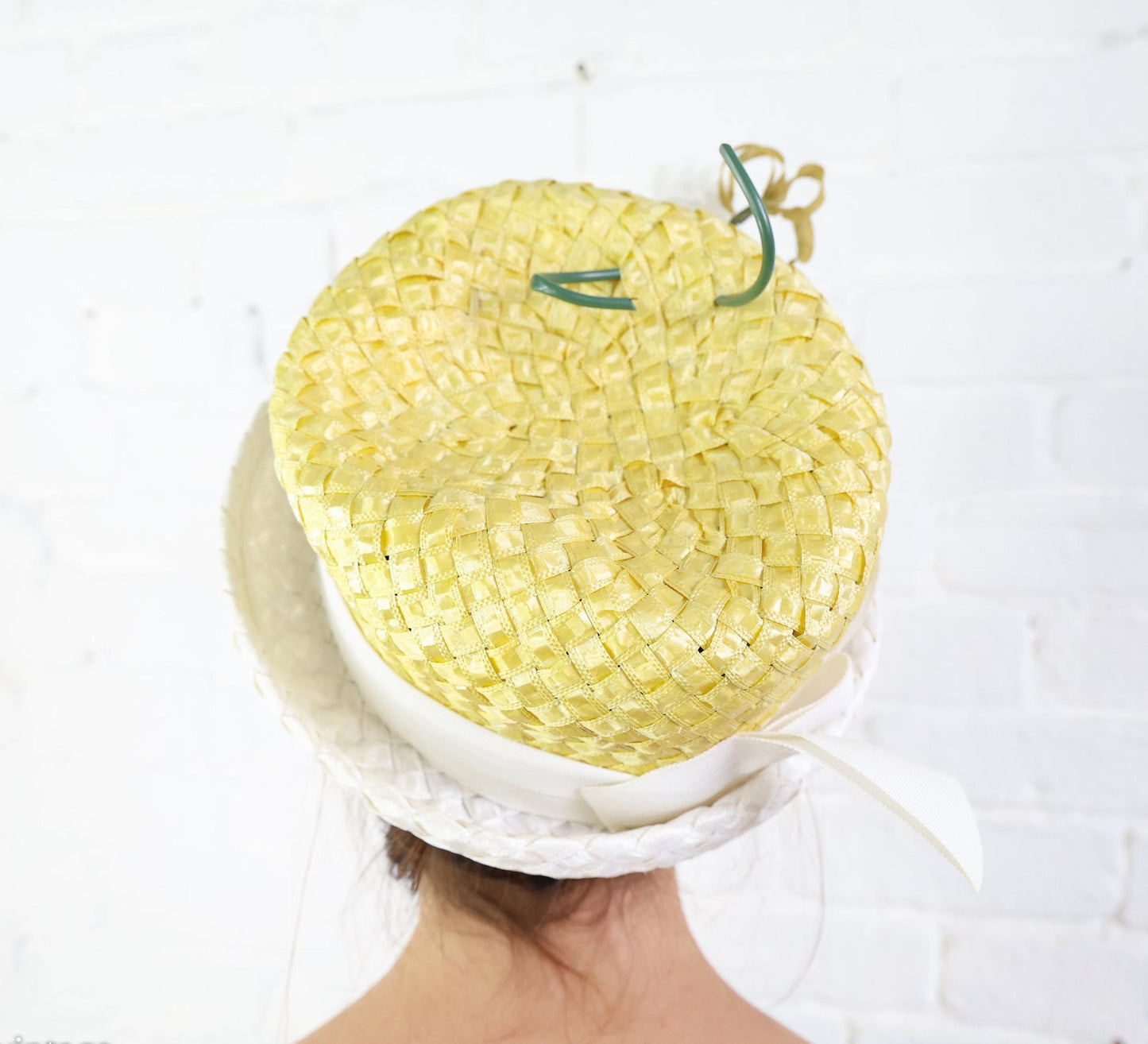 1960s Yellow & White Woven Raffia Straw Hat