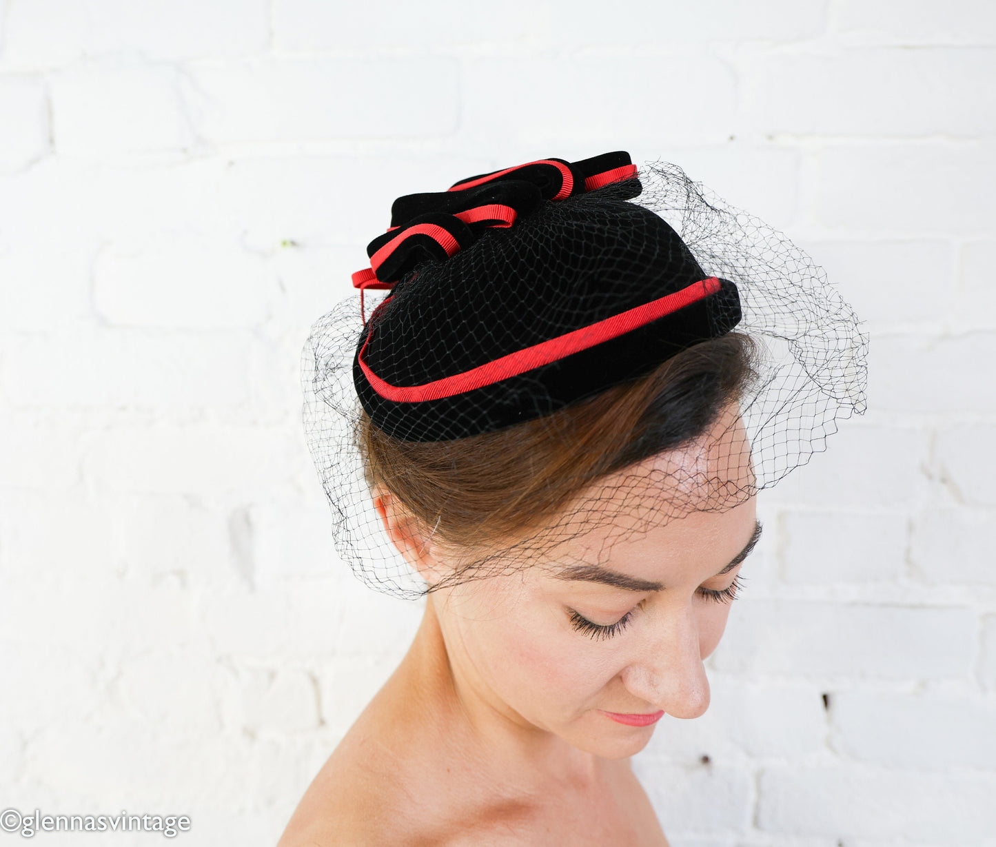 1950s Black Velvet Cocktail Hat, Red Trim Fascinator