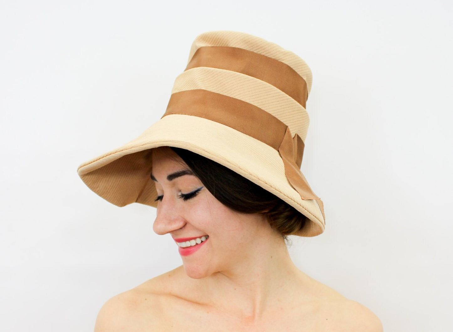 1960s Lilly Daché Tan Striped High Crown Hat