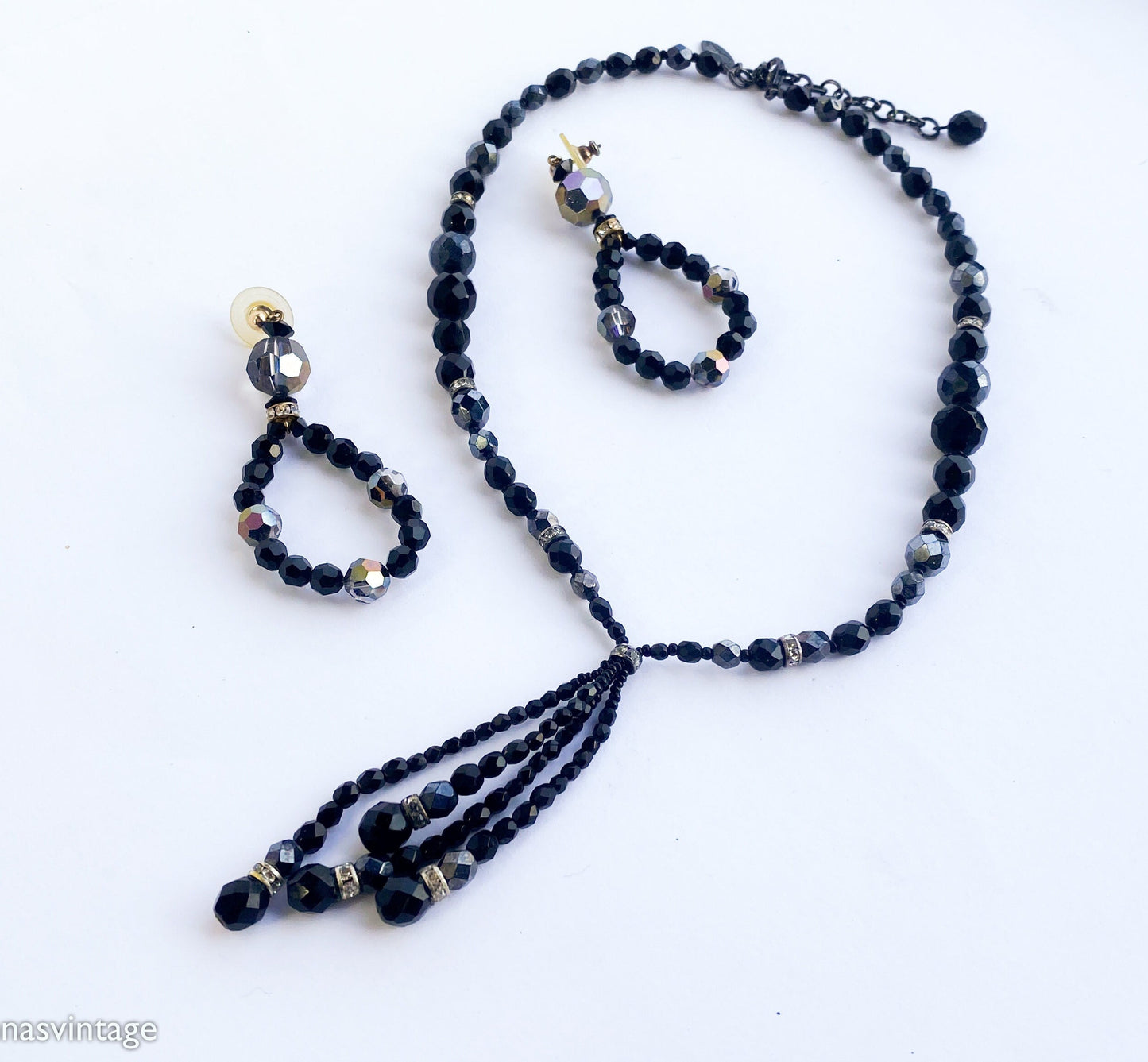 1980s Black Crystal Bead Necklace Set | 80s Black Glass Bead Pendant Earring Set | Black Pendant & Matching Pierced Loop Earrings