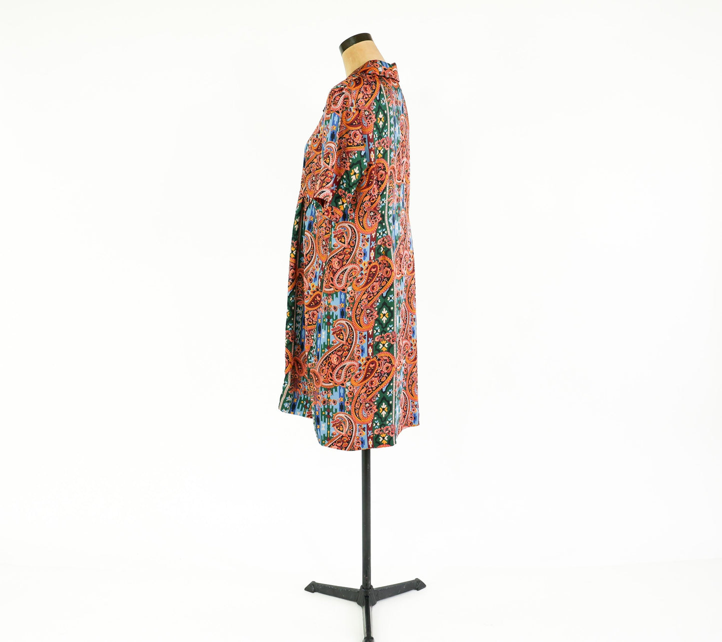 1960s Orange & Blue Paisley Print Dress, 38" Waist