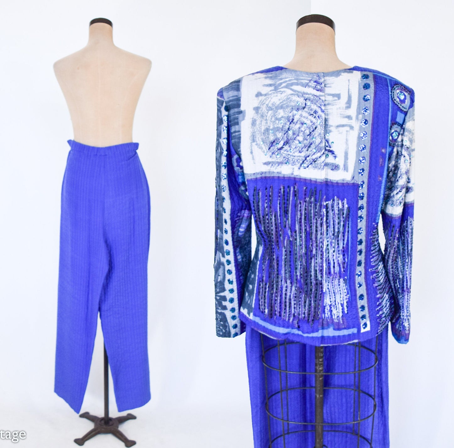 1980s Blue Silk Sequin Pant Set | 80s Purple Silk Evening Pantsuit | ICINOO | Medium