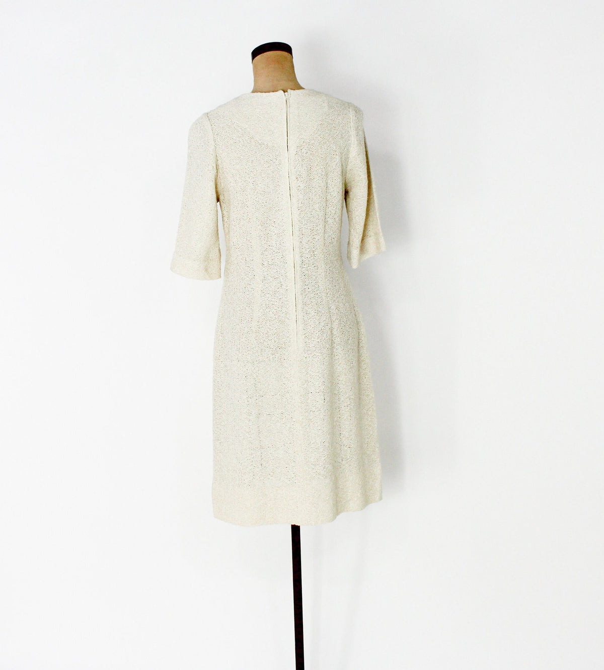 1960s Creme Knit Dress | Beige Nubby Knit Shift, Medium