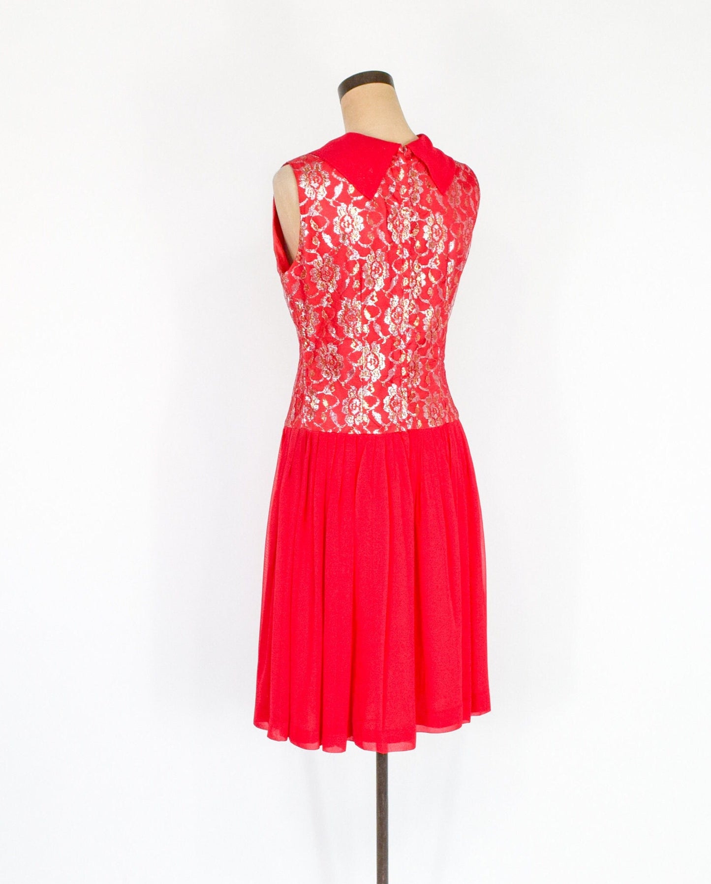 1950s Red Chiffon & Silver Lace Party Dress, Medium