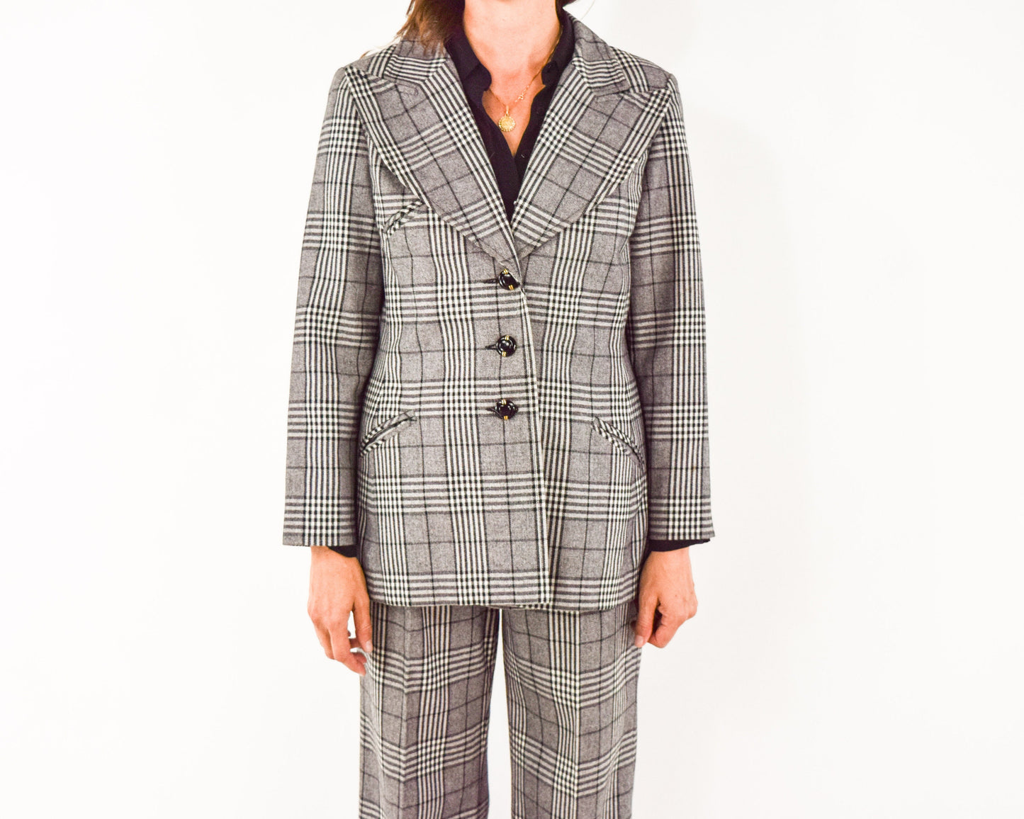 1970s Gray Plaid Wool Pantsuit, Jacket & Pants Set, Large