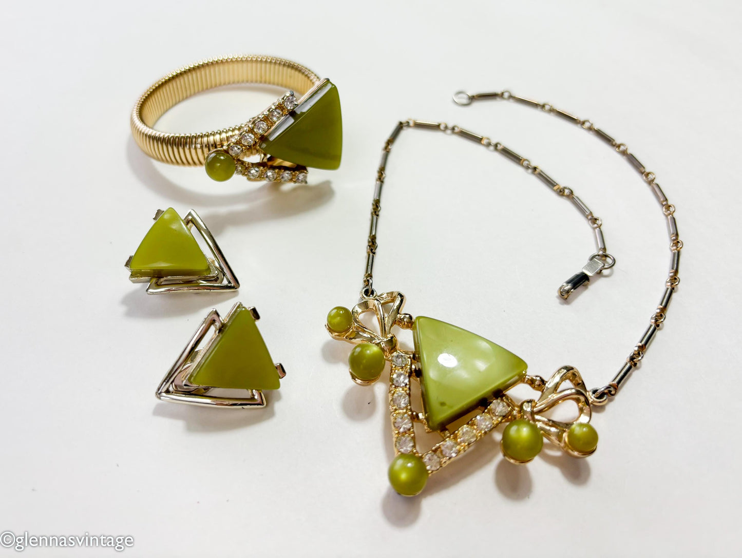 1960s Olive Green Thermoplastic Jewelry Set, Necklace Bracelet & Earrings