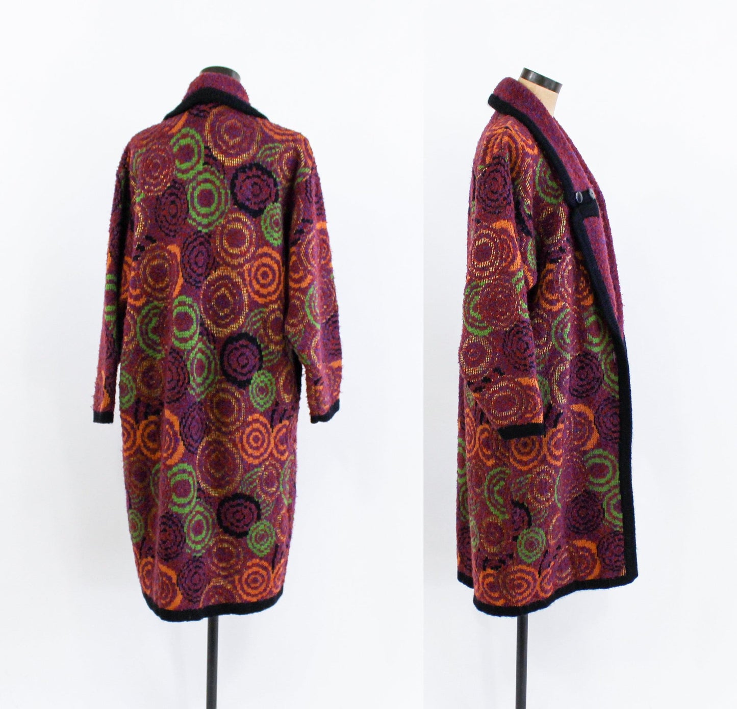 1980s Colorful Autumn Colors Oversized Sweater Coat | 80s Maroon Abstract Sweater Coat | La Mittini Large