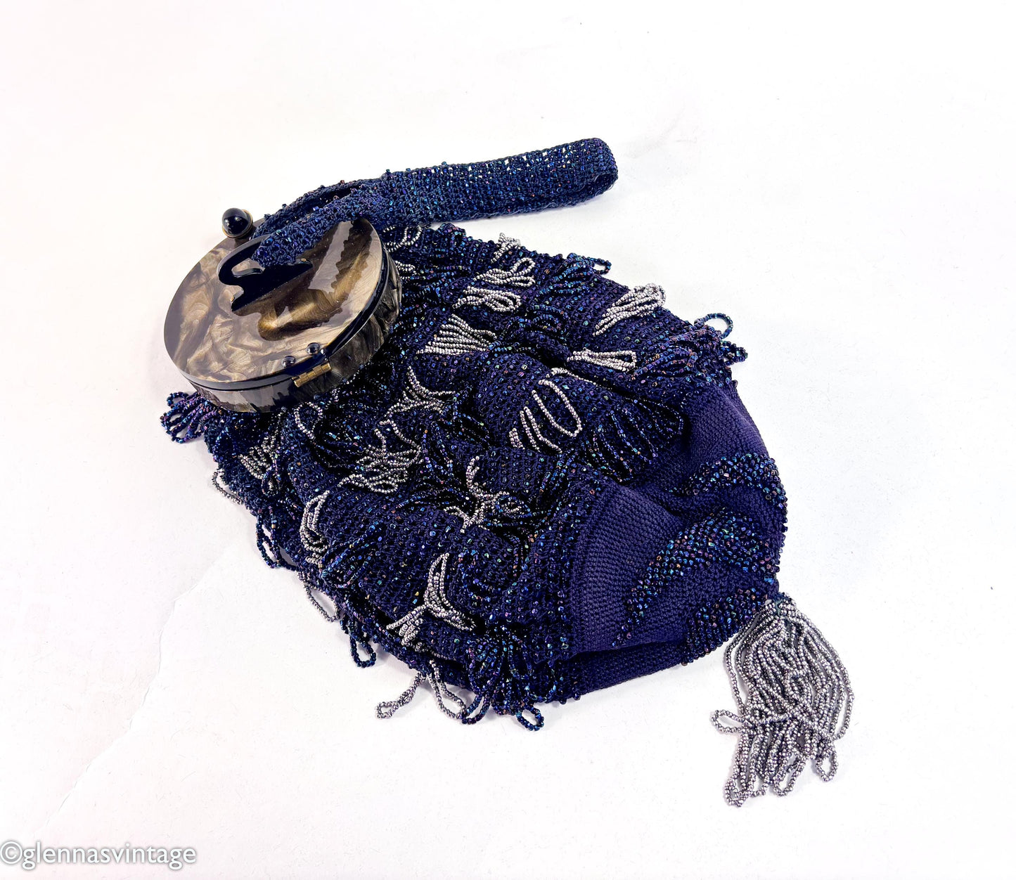 1900s Navy Beaded Pouch Evening Bag with Lucite Lid