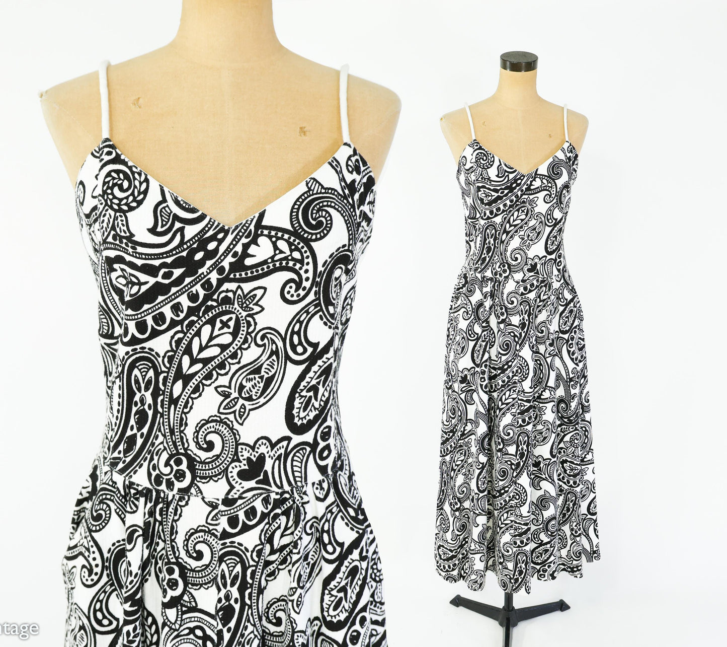 1990s Black & White Paisley Cotton Sundress | Adrienne Vittadini, Medium