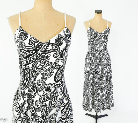 1990s Black & White Paisley Cotton Sundress | Adrienne Vittadini, Medium