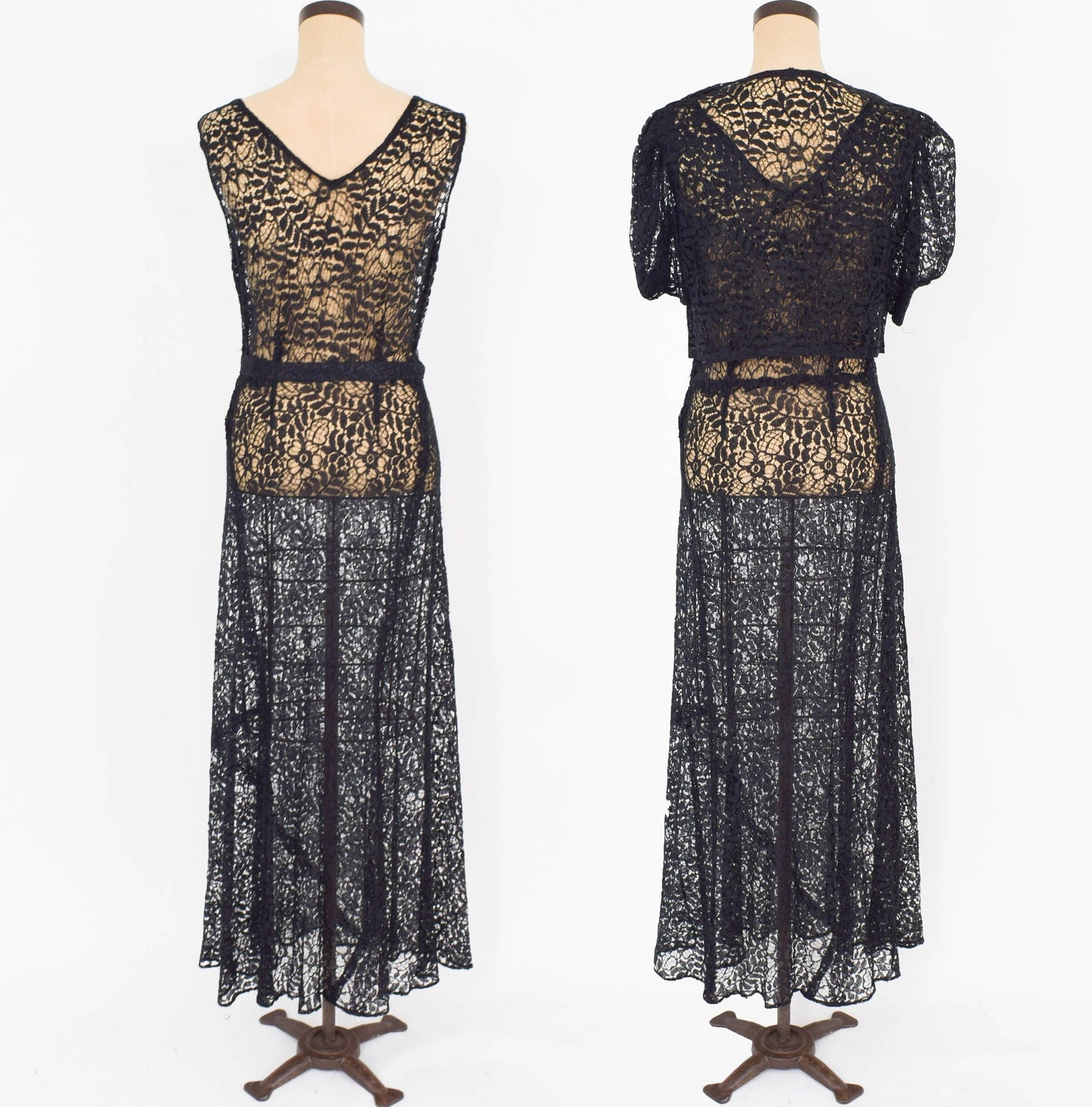 1930s Black Lace Evening Dress & Bolero Jacket Set, Large