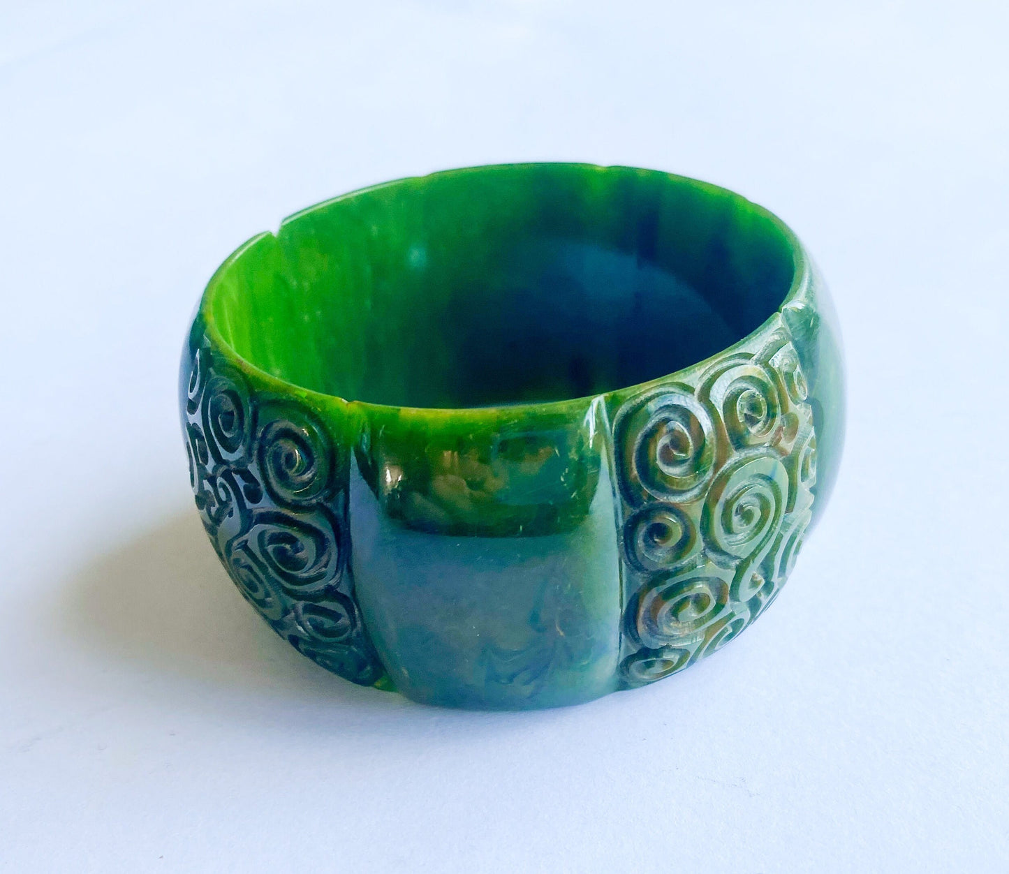 1930s Carved Olive Green Bakelite Bangle | Vintage Wide Bracelet