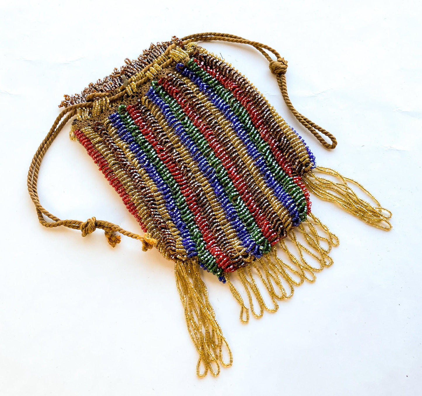 1900s Gold Striped Beaded Handbag | Red & Gold Beaded Stripe Pouch Bag | Downtown Abby