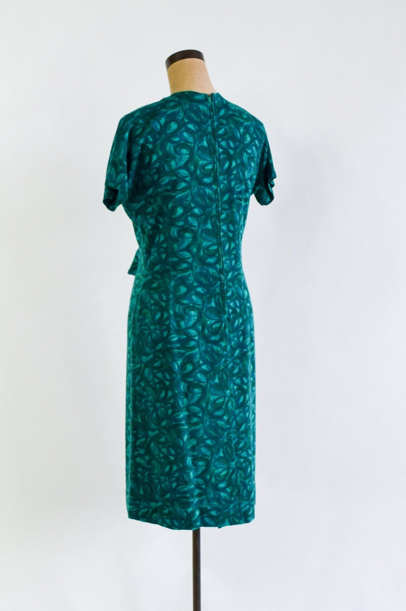 1960s Turquoise Green Floral Wool Knit Dress, Medium