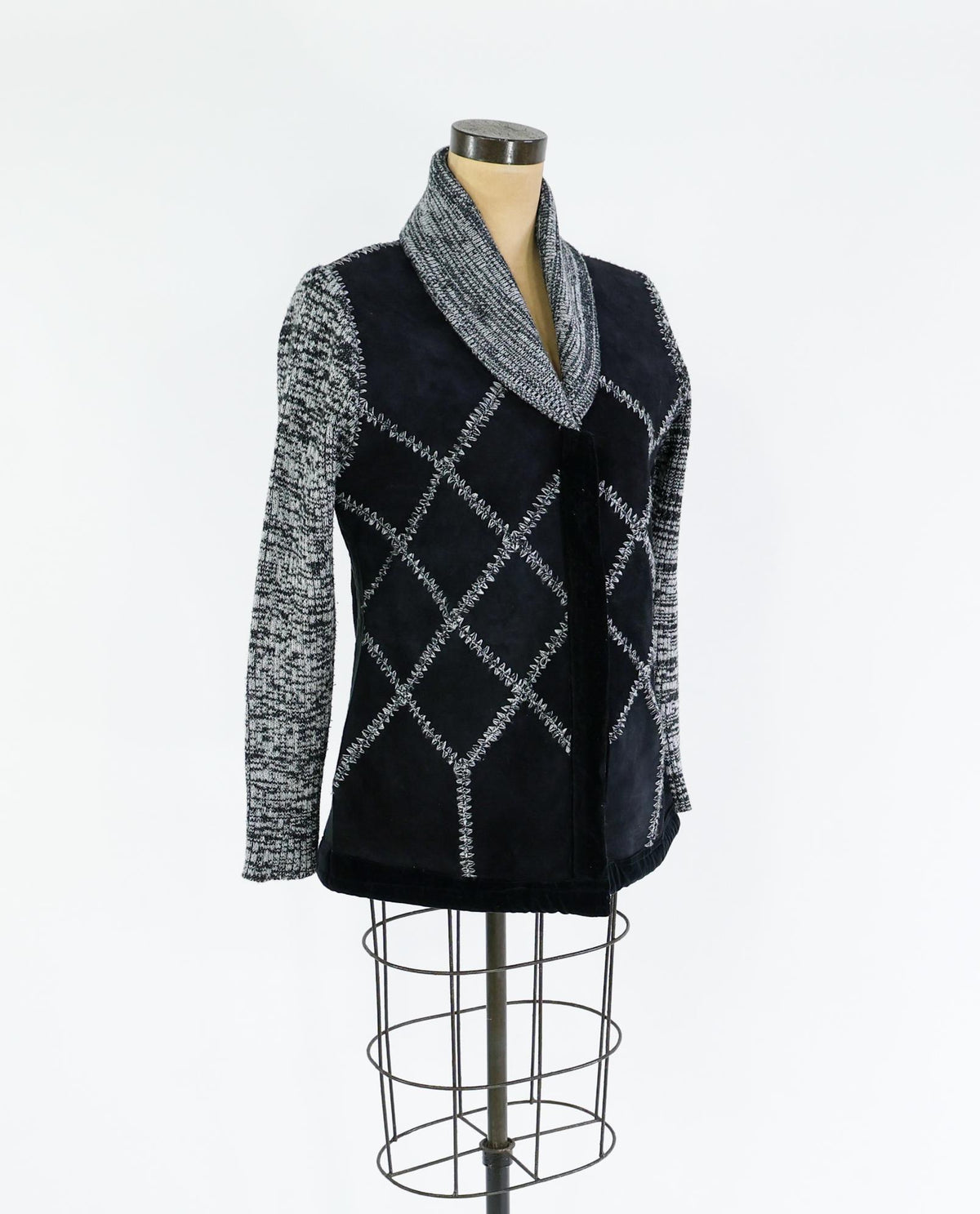 1970s Black Suede Patchwork Knit Jacket with Shawl Collar, Large