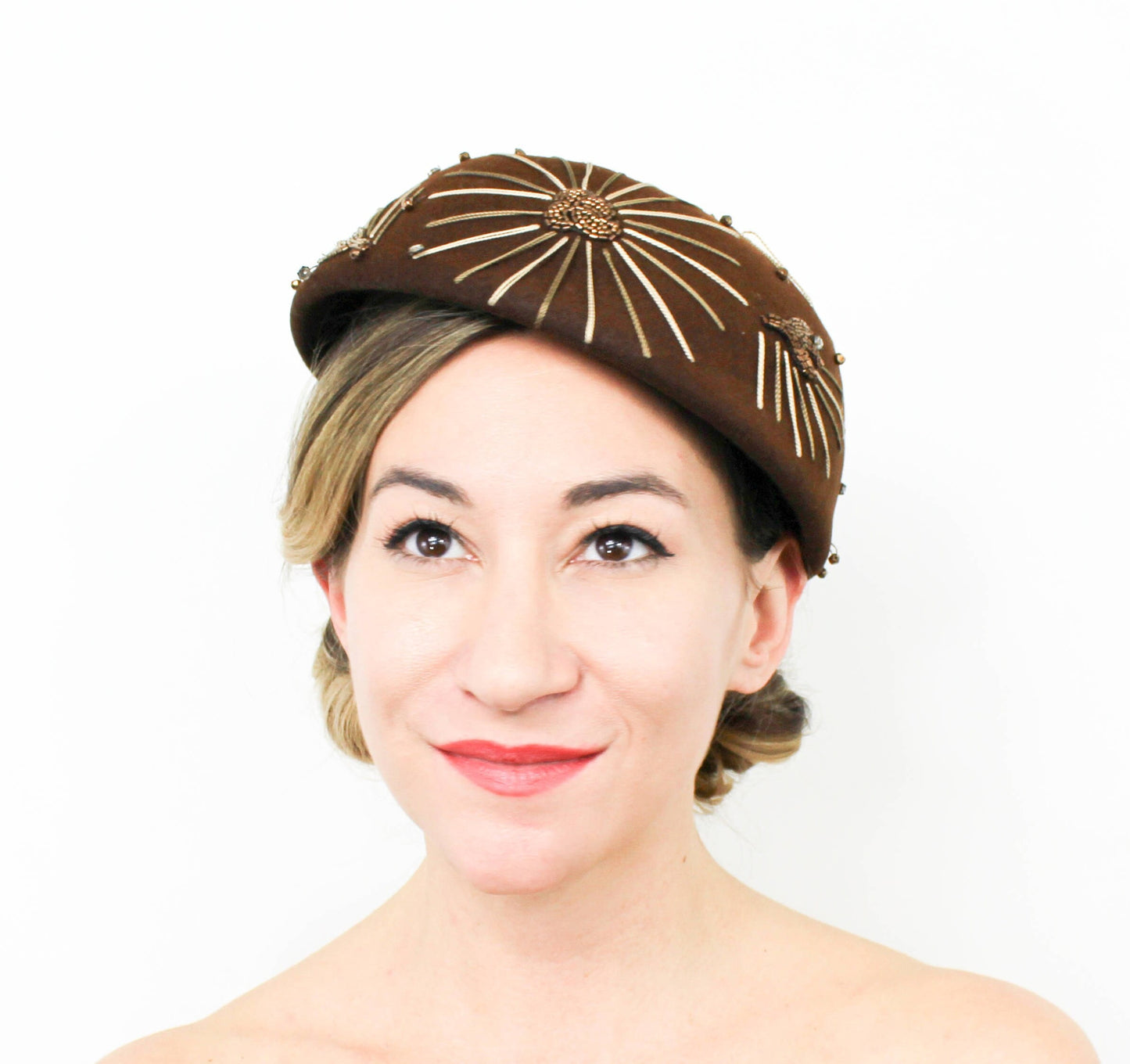 1950s Brown Rhinestone & Wool Felt Hat