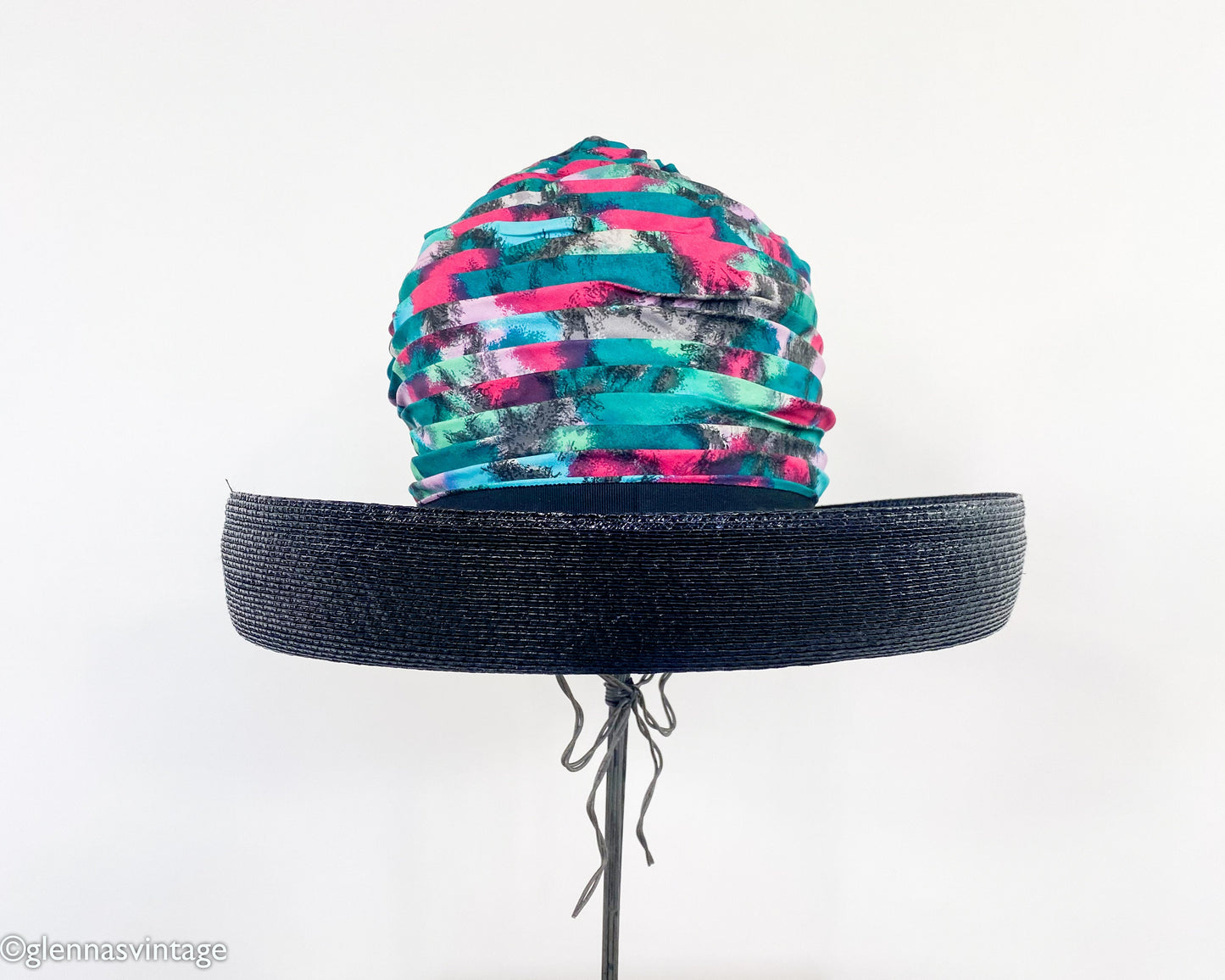 1960s Turquoise Print Silk High Crown Hat