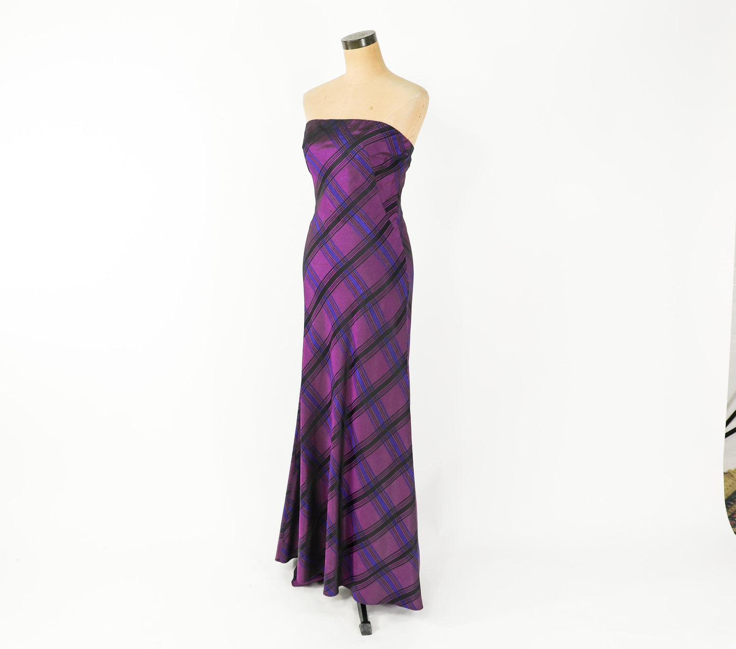 1990s Purple Plaid Taffeta Strapless Dress, Small