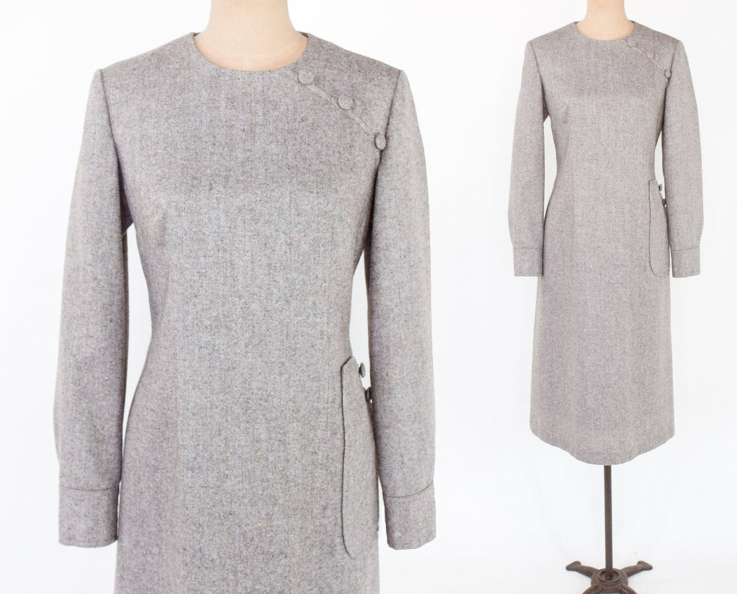 1950s Beige Wool Tweed Sheath Dress, Medium