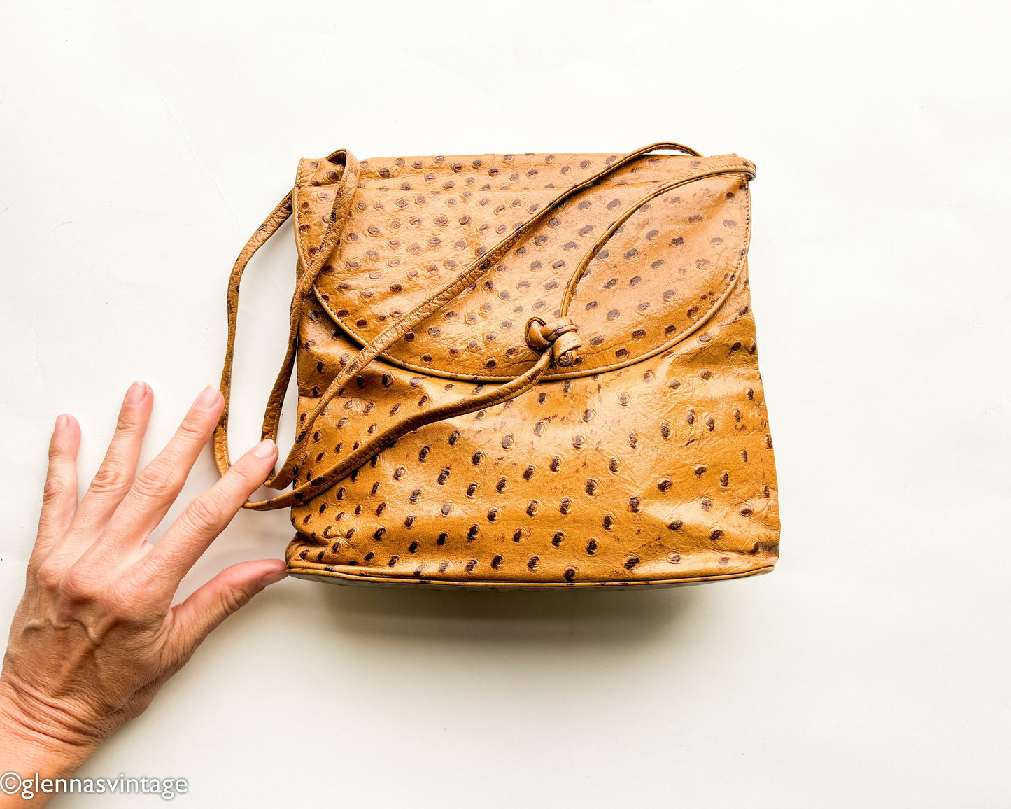 1980s Ostrich Embossed Leather Shoulder Bag | 80s Ostrich Carmel Leather Purse