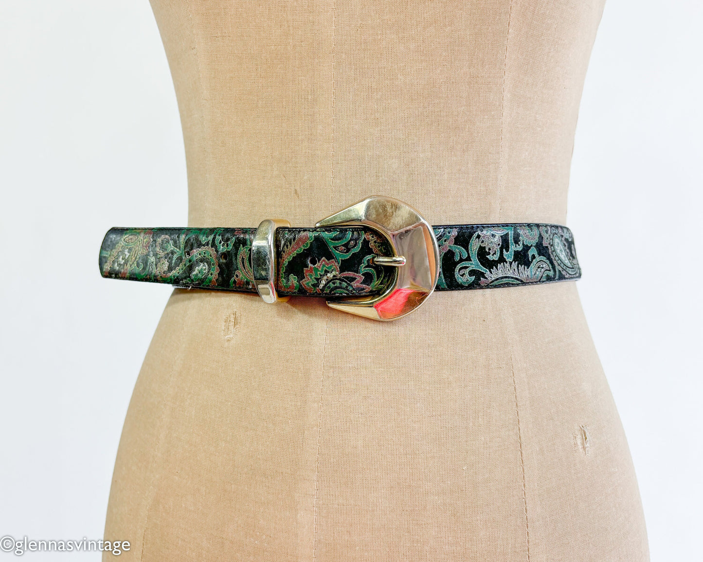 1980s Black Paisley Faux Leather Belt, Size M