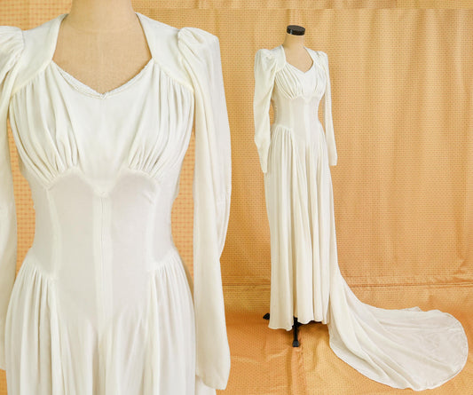 1930s Ivory Velvet Wedding Dress with Long Train, Extra Small