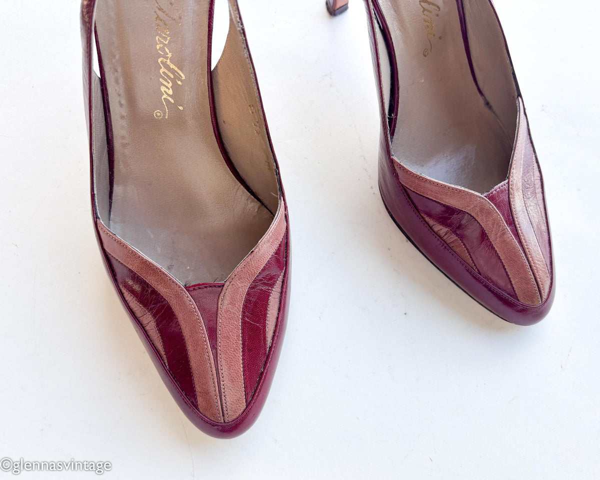 1980s Maroon Leather Slingback Heels | Red & Pink Shoes, US 6.5