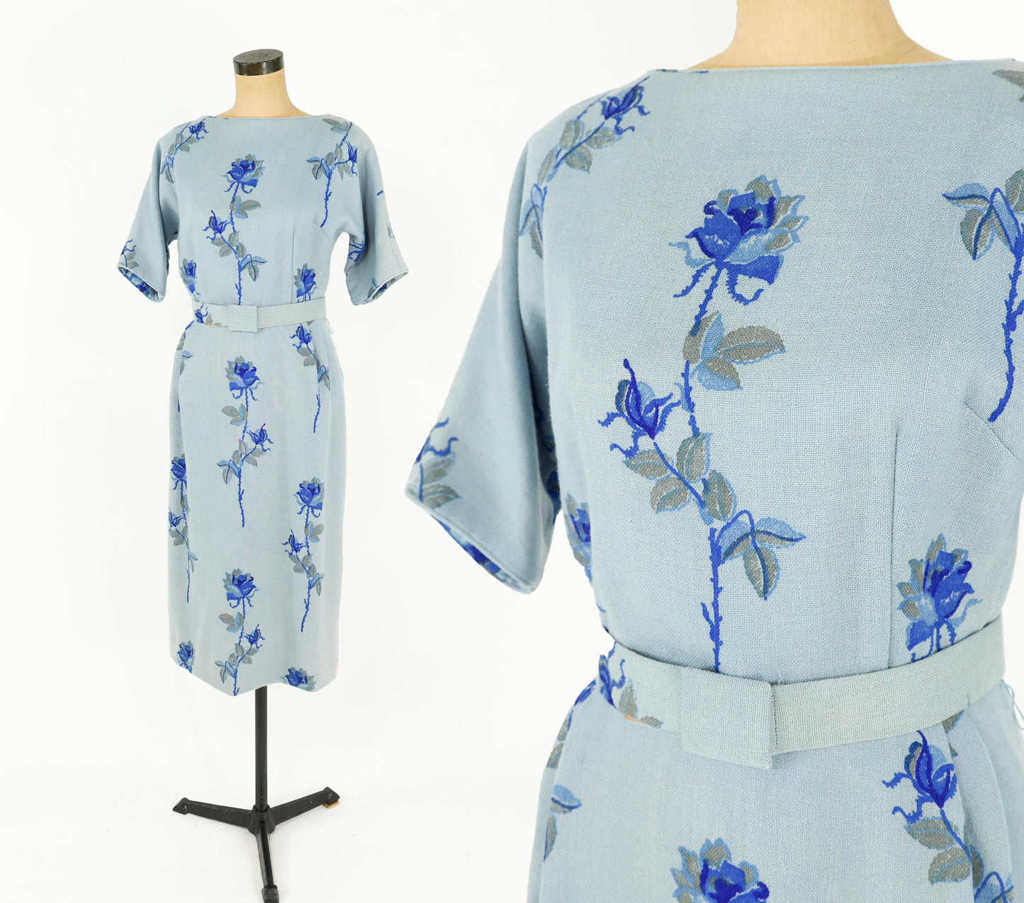 1950s Blue Floral Wool Sheath Dress, Medium