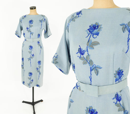 1950s Blue Floral Wool Sheath Dress, Medium