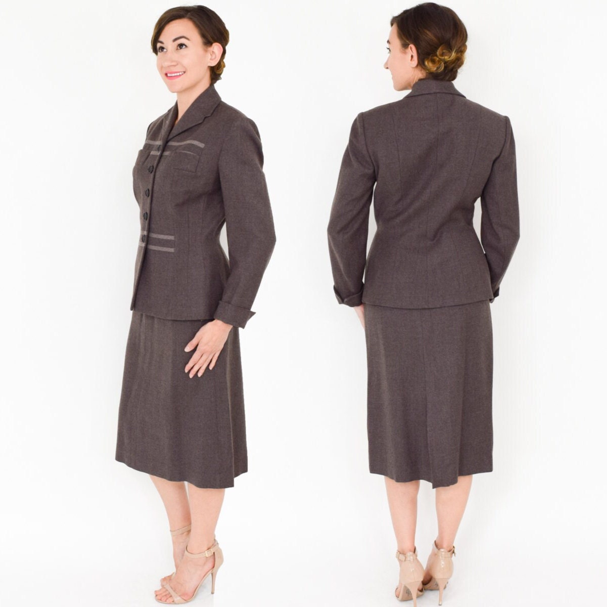 1950s BrownStriped Wool Skirt Suit Set, Small