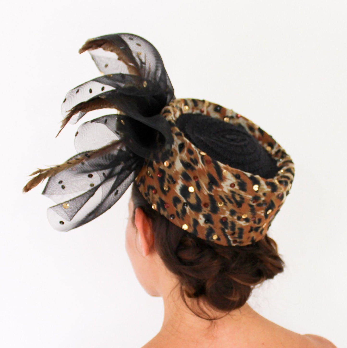 1980s Leopard Fascinator Hat with Tulle & Sequins