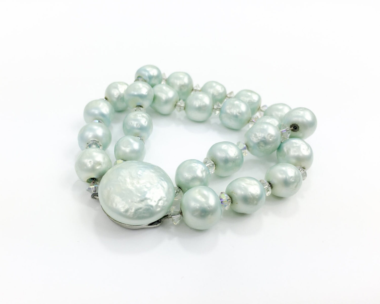 1950s Turquoise Faux Pearl Bracelet | 50s Blue Faux Pearl and Crystal Bracelet