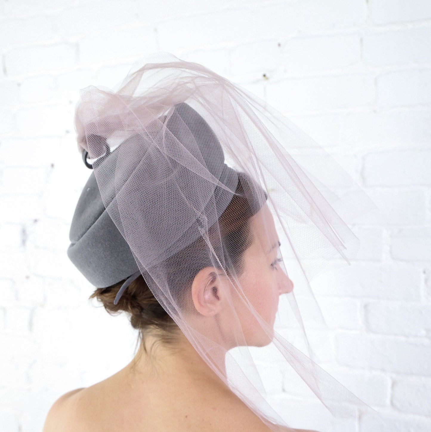 1960s Gray Wool Hat with Lavender Tulle Veil