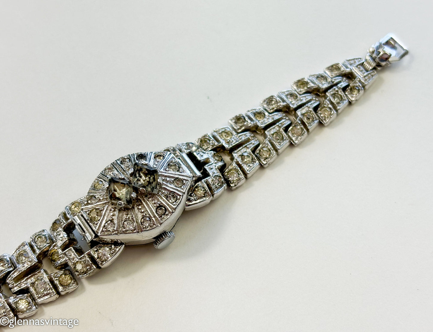 1930s Vintage Rhinestone Watch Bracelet, Art Deco Evening Glamour
