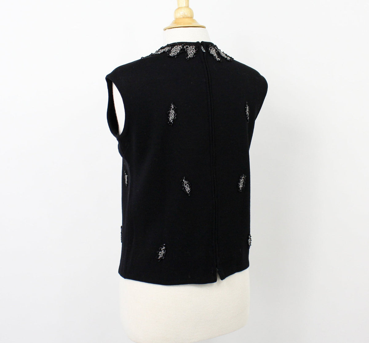 1960s Black Sleeveless Beaded Wool Sweater, Medium