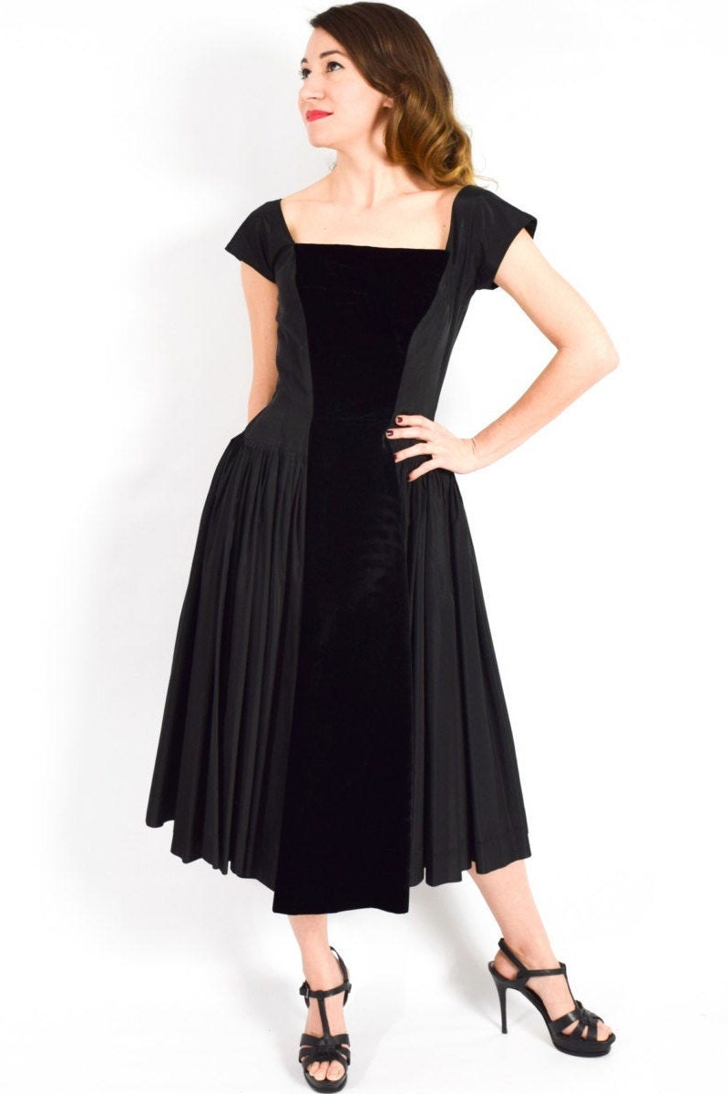 1950s Black Velvet Taffeta Cocktail Dress, Medium