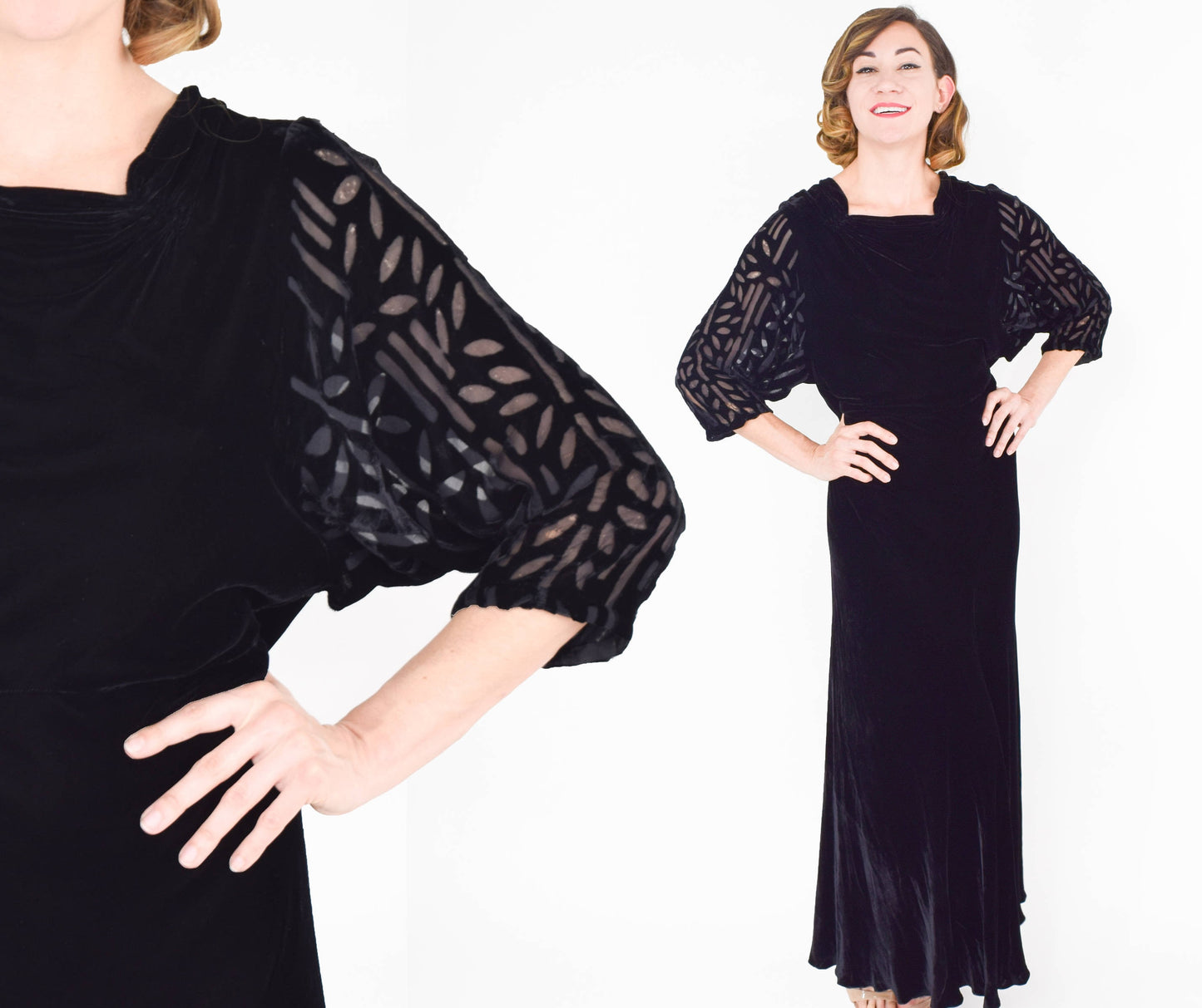 1900s Black Silk Velvet Evening Dress | Black Velvet Gown | Medium