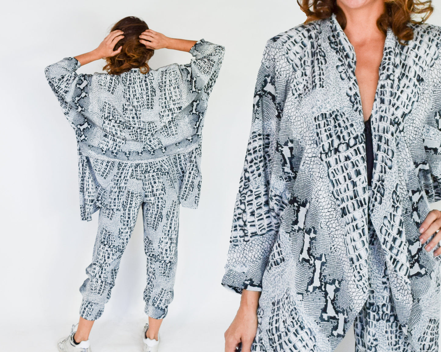 1980s Grey Reptile Print Pant Suit, Gray Jacket & Pants Set, Medium