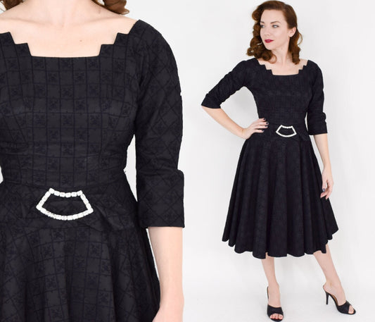 1940s Black Taffeta Cocktail Dress with Rhinestone Belt, Small