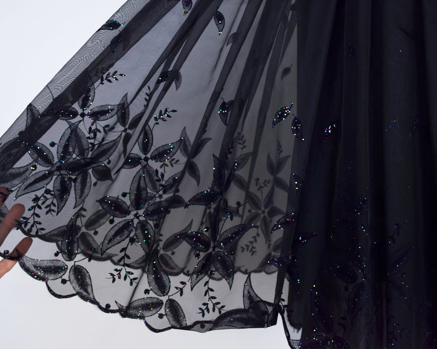 1950s Black Glitter Evening Skirt Set | 50s Black Organza Full Skirt & Velvet Top | Small