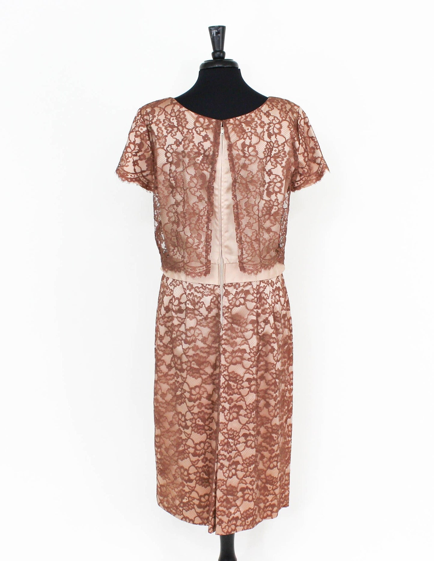 1950s Brown Lace Evening Dress |  50s Brown Lace & Satin Cocktail Dress | A DuBarry Fashion | Large