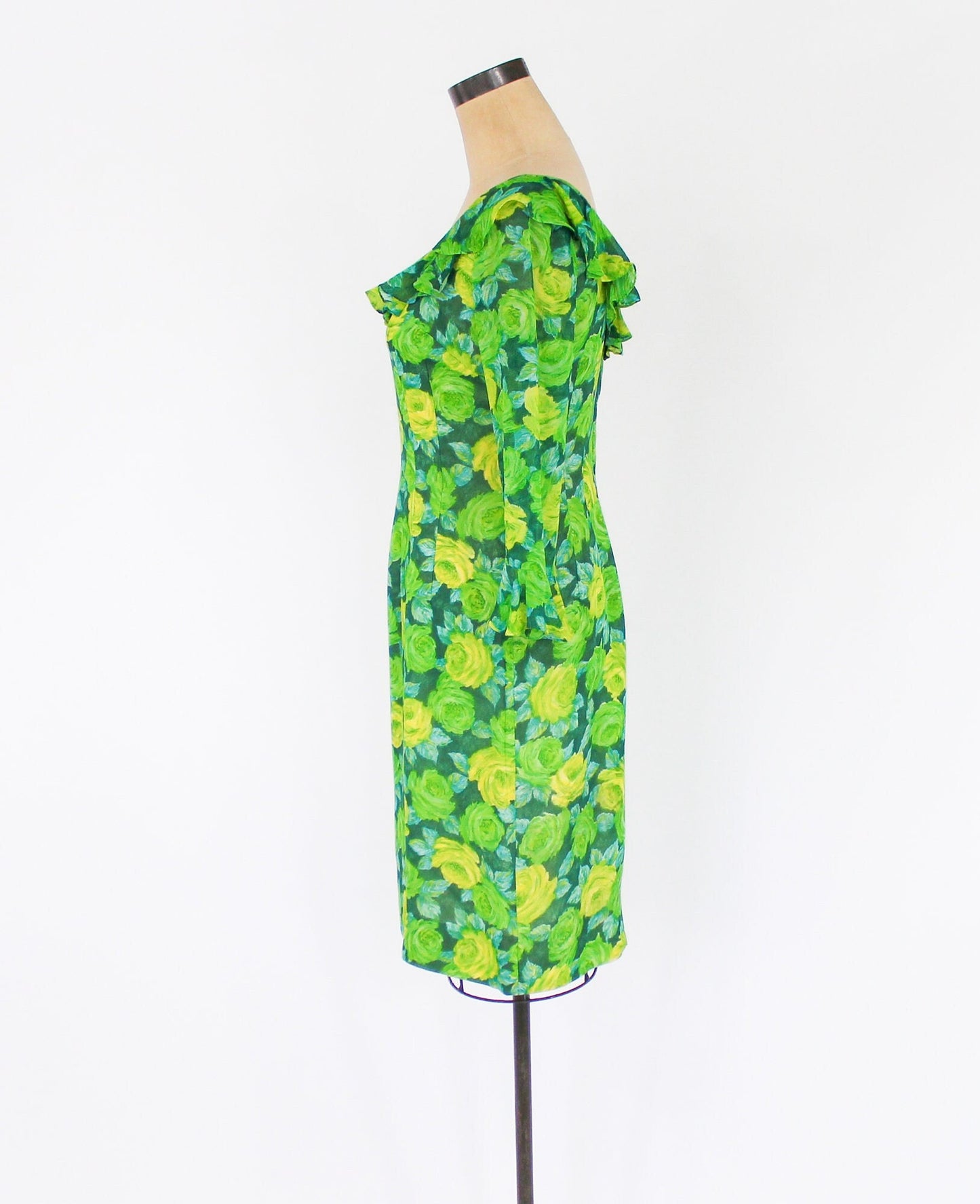 1950s Lime Green Rose Print Chiffon Dress by Elinor Gay, Medium
