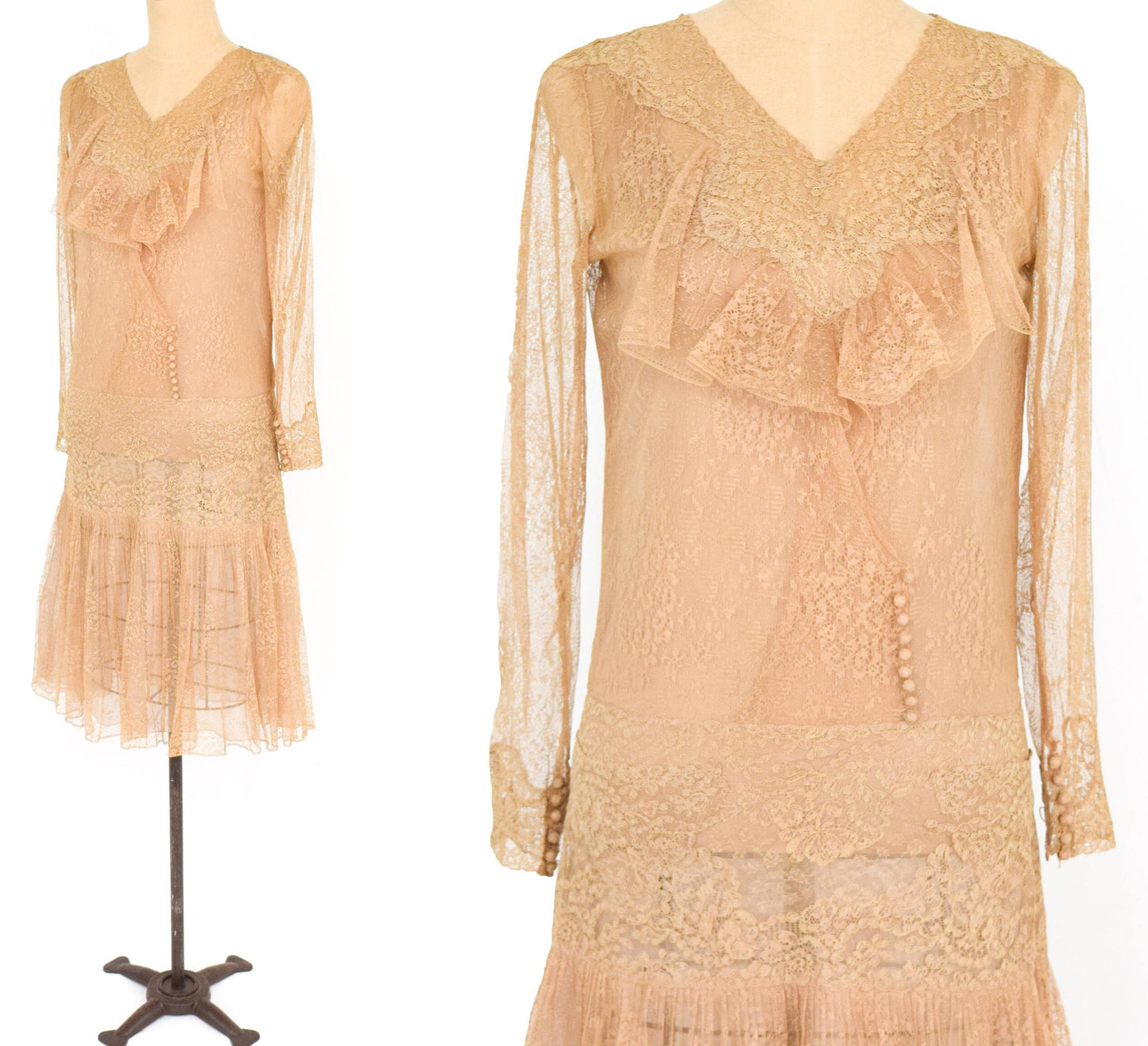 1920s Beige Lace & Silk Flapper Dress, Extra Small
